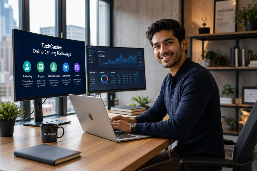 A professional smiling man showcasing 5 best ways to earn money online for beginners on dual monitors – TechCashy