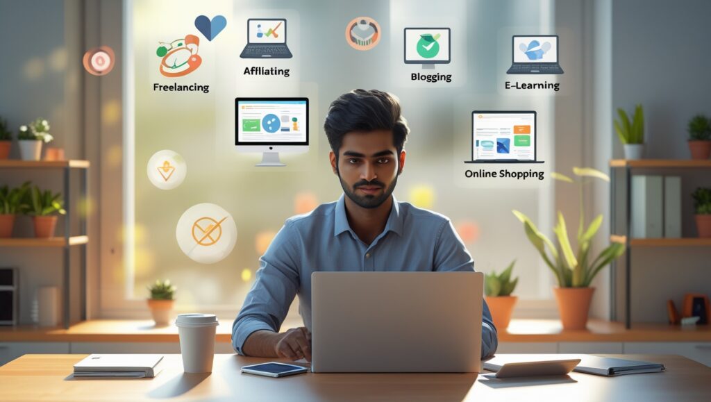 Person working on a laptop from home in 2025, representing online earning setup