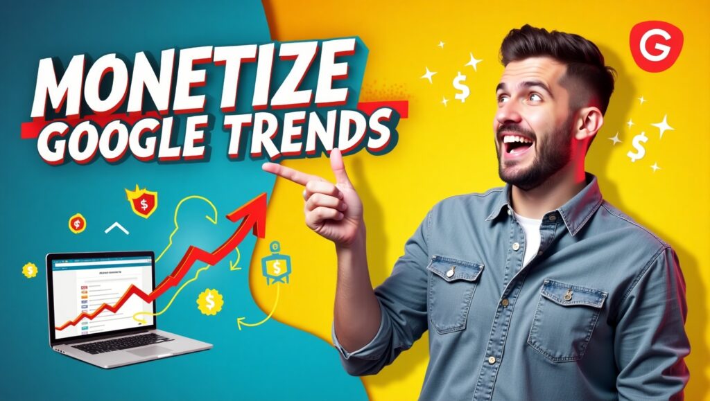 A happy blogger looking at laptop screen with rising traffic stats after using Google Trends strategy., Monetize Google Trends.