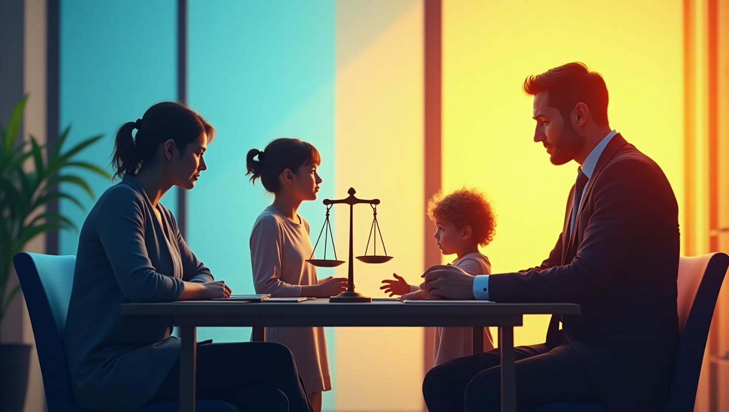 A caring wrongful death attorney consulting with a grieving family in a modern office., Wrongful Death Attorney