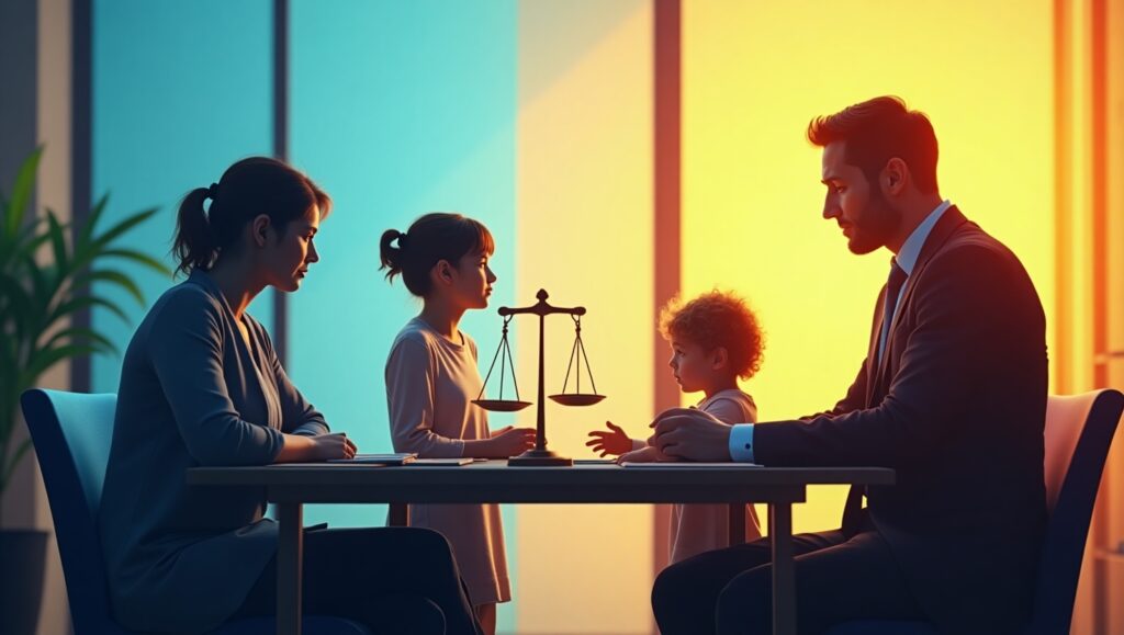 A caring wrongful death attorney consulting with a grieving family in a modern office., Wrongful Death Attorney