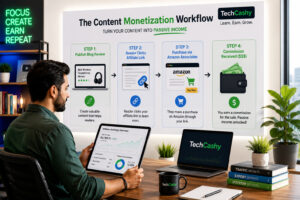 Infographic showing 4 steps of Content Monetization Workflow via Affiliate Marketing – TechCashy
