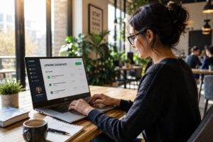 Focused freelancer analyzing projects on Upwork dashboard at a cafe – TechCashy Guide